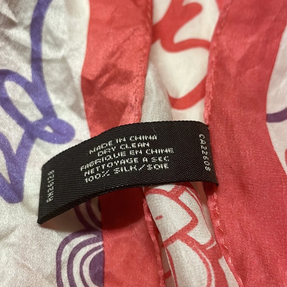 Coach Cream Silk Scarf with Red Border and Multicolor Script - Picture 5 of 9